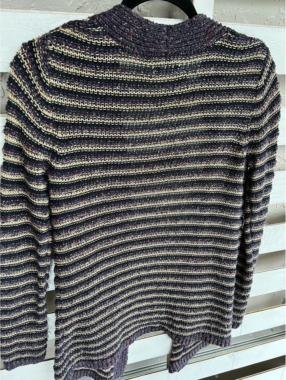 Lucky Brand Striped Pockets Long Cardigan Sweater  Purple Cream Size M.